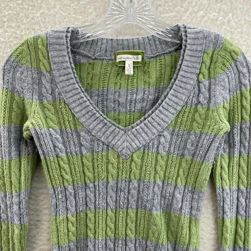 Y2K Late 2000s Aeropostale Green Grey Cable Ribbed Knit Fairy Grunge Sweater S - Picture 3 of 6